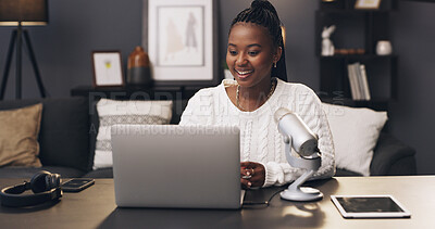 Buy stock photo Reading, podcast and laptop with black woman in home for subscription, social media and brand endorsement. Content creation, microphone and broadcast editing with person in apartment for show