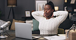 Remote work, neck pain and black woman with laptop in home for stress, streaming deadline and pressure. Night, content creator and person with tension, muscle strain and fatigue for podcast career
