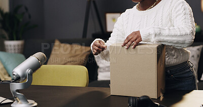 Buy stock photo Content creator, box and hands of woman in home for recording, unboxing and product review. Influencer, live streaming and person with package, parcel and opening for  online shopping for podcast