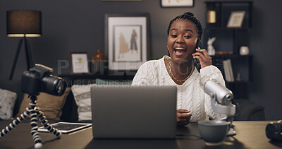 Buy stock photo Phone call, podcast and laptop with black woman in home for contact, social media and brand endorsement. Content creation, microphone and broadcast editing with person in apartment for communication