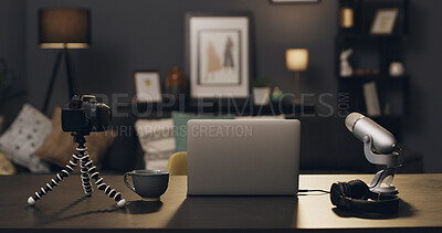 Buy stock photo Empty room, laptop and microphone for content creation in home, camera and diy recording studio in lounge. Tech, computer and headphones for podcast production, social media and gear at apartment
