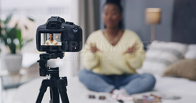 Buy stock photo Camera, influencer and screen with recording in home for content creation, makeup review or web show. African person, production and talk with social media audience, cosmetic tips or video at house