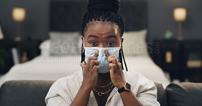 Buy stock photo portrait, vlogger and woman with face mask, home or health demonstration for audience and followers. Influencer, live stream and black person with tips in bedroom and safety hack on social media app