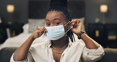 Buy stock photo Portrait, influencer and woman with mask, tips and health demonstration for audience on social media. Vlogger, live streaming POV and black person in home, online and teaching safety hack on website