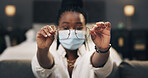 Live streaming, mask and black woman with glasses for health tips, tutorial and demonstration. Content creator, influencer and person with advice, hack and frames for protection, prevention or safety