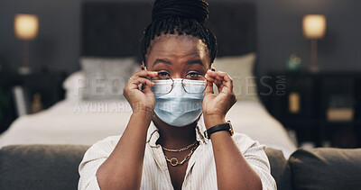 Buy stock photo Portrait, mask and black woman with glasses for health tips, tutorial and demonstration. Content creator, influencer and person with advice, hack and frames for protection, fog prevention and safety