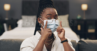 Buy stock photo Tutorial, mask and portrait of black woman with glasses for health tips, how to and demonstration. Content creator, vlog and person with advice, hack and frames for protection, prevention or safety