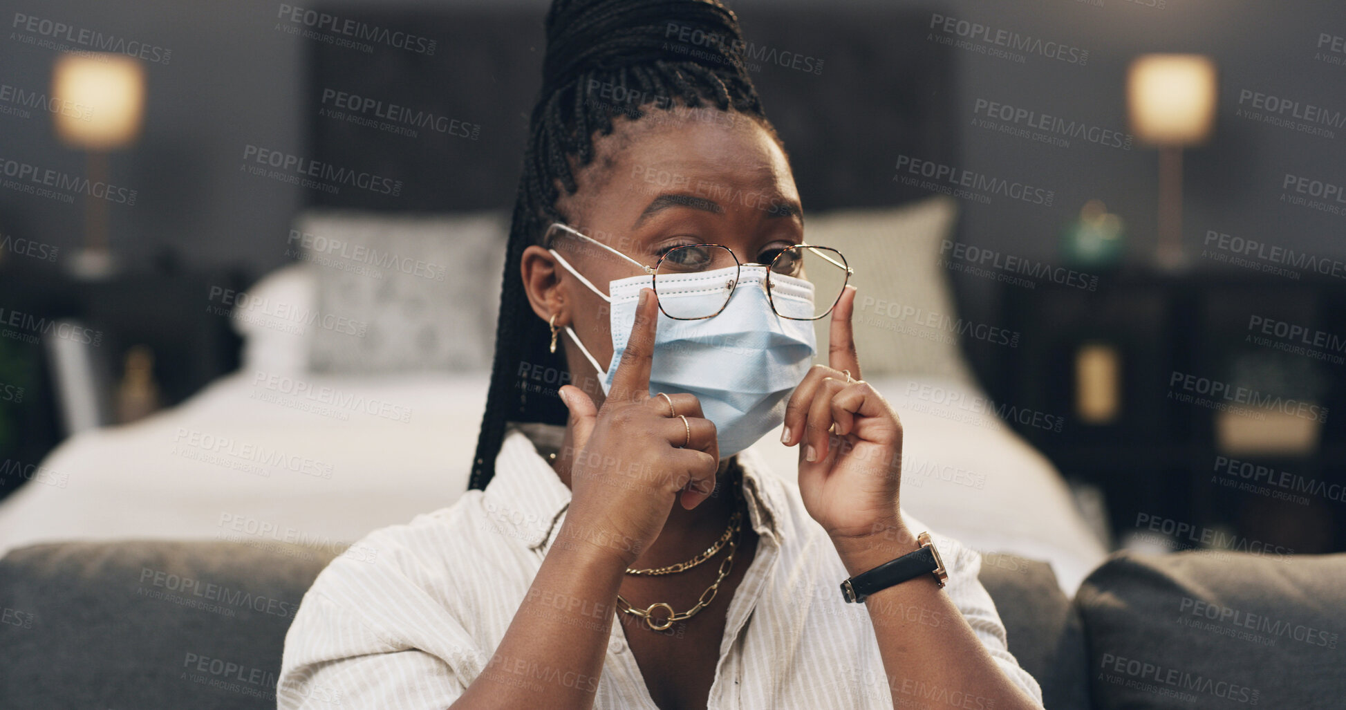 Buy stock photo Tutorial, mask and portrait of black woman with glasses for health tips, how to and demonstration. Content creator, vlog and person with advice, hack and frames for protection, prevention or safety