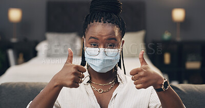 Buy stock photo Thumbs up, face mask and portrait of black woman with glasses for health tips, tutorial and demonstration. Content creator, emoji and person with advice, hack and frames for protection and safety
