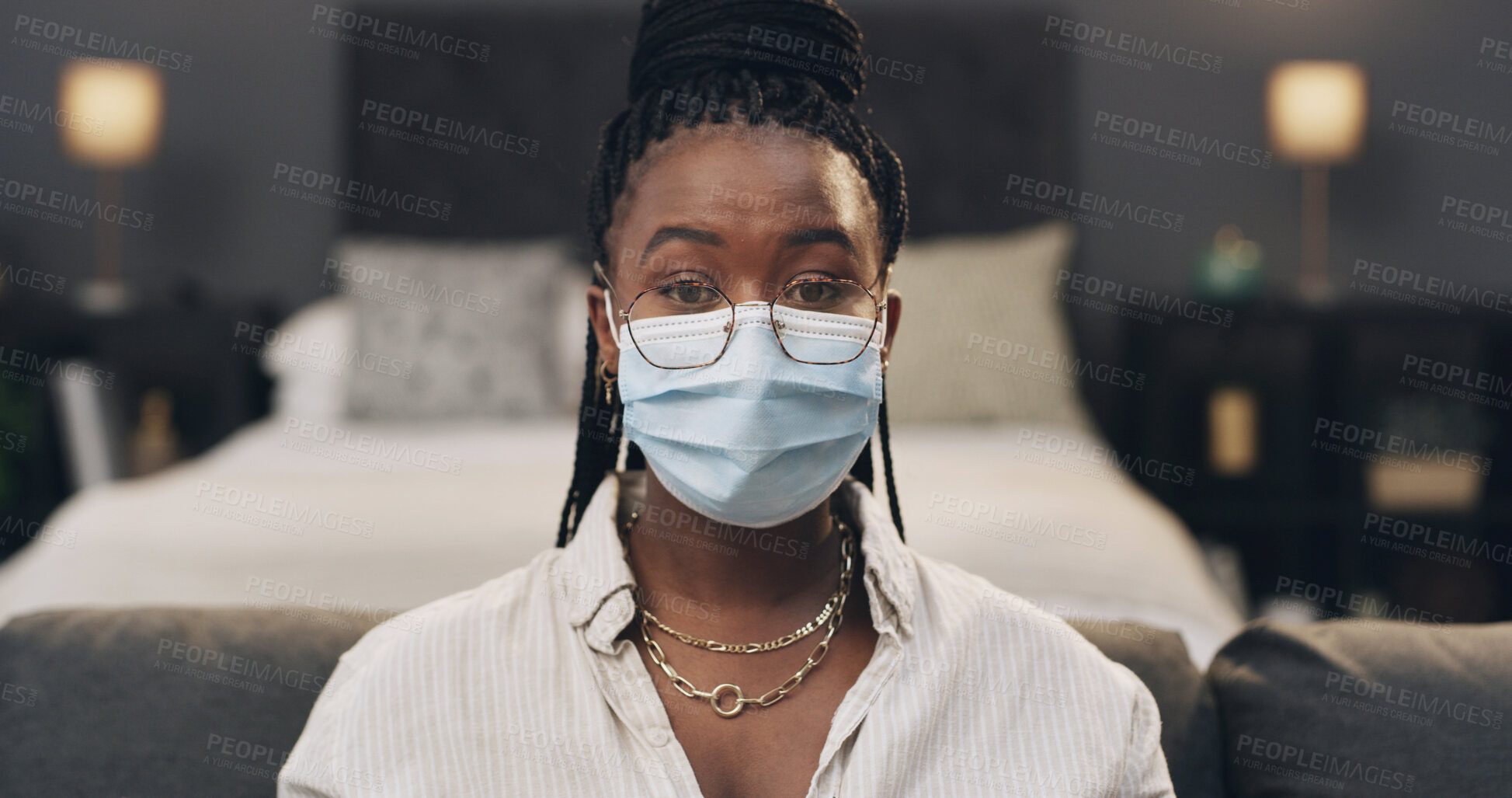 Buy stock photo Portrait, mask and black woman with glasses for health tips, tutorial and demonstration in home. Content creator, vlogger and person with advice, hack and frames for protection, prevention or safety
