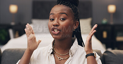 Buy stock photo Black woman, portrait and night with vlogger in home for online streaming, tutorial or tips. Female person, influencer or virtual chat in late evening or POV for video call app, vlog or communication
