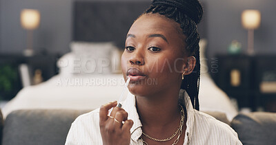Buy stock photo Black woman, makeup and lipstick in home, beauty or product with color, glow and self care. African person, morning routine and cosmetics with lip gloss, application and tools for mouth in house