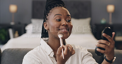Buy stock photo Black woman, mirror and makeup brush in bedroom with smile, foundation or concealer at apartment. African person, beauty and cosmetics for facial transformation, powder and morning routine at house