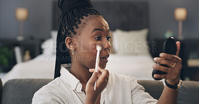 Buy stock photo Black woman, makeup and foundation with mirror or brush for cosmetics or beauty routine in home. Female person, skin contour or blush with reflection for eye shadow, shade or blending color in house