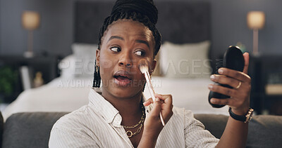Buy stock photo Black woman, mirror and makeup brush in bedroom with cosmetics, foundation or concealer at apartment. African person, beauty and eyeshadow for facial transformation, powder and application at house