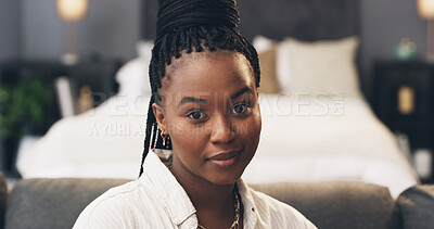 Buy stock photo Black woman, smile and portrait in bedroom, relax and confidence on sofa, chill and weekend at home. African person, happy and pride on couch, morning or cozy with comfort at apartment in Nigeria