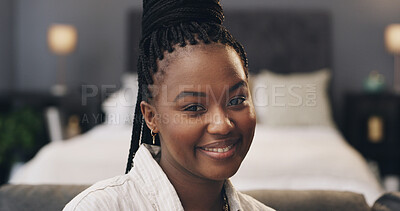 Buy stock photo Black woman, smile and relax on sofa in portrait, pride and confidence in bedroom at apartment. African person, happy and rest on couch, chill or cozy for comfort on break at house in Nigeria