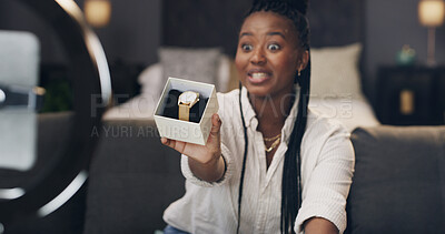 Buy stock photo Influencer, ring light and black woman with watch in home for live stream, product review and unboxing. Content creator, social media and person with fashion opinion, feedback and luxury accessory