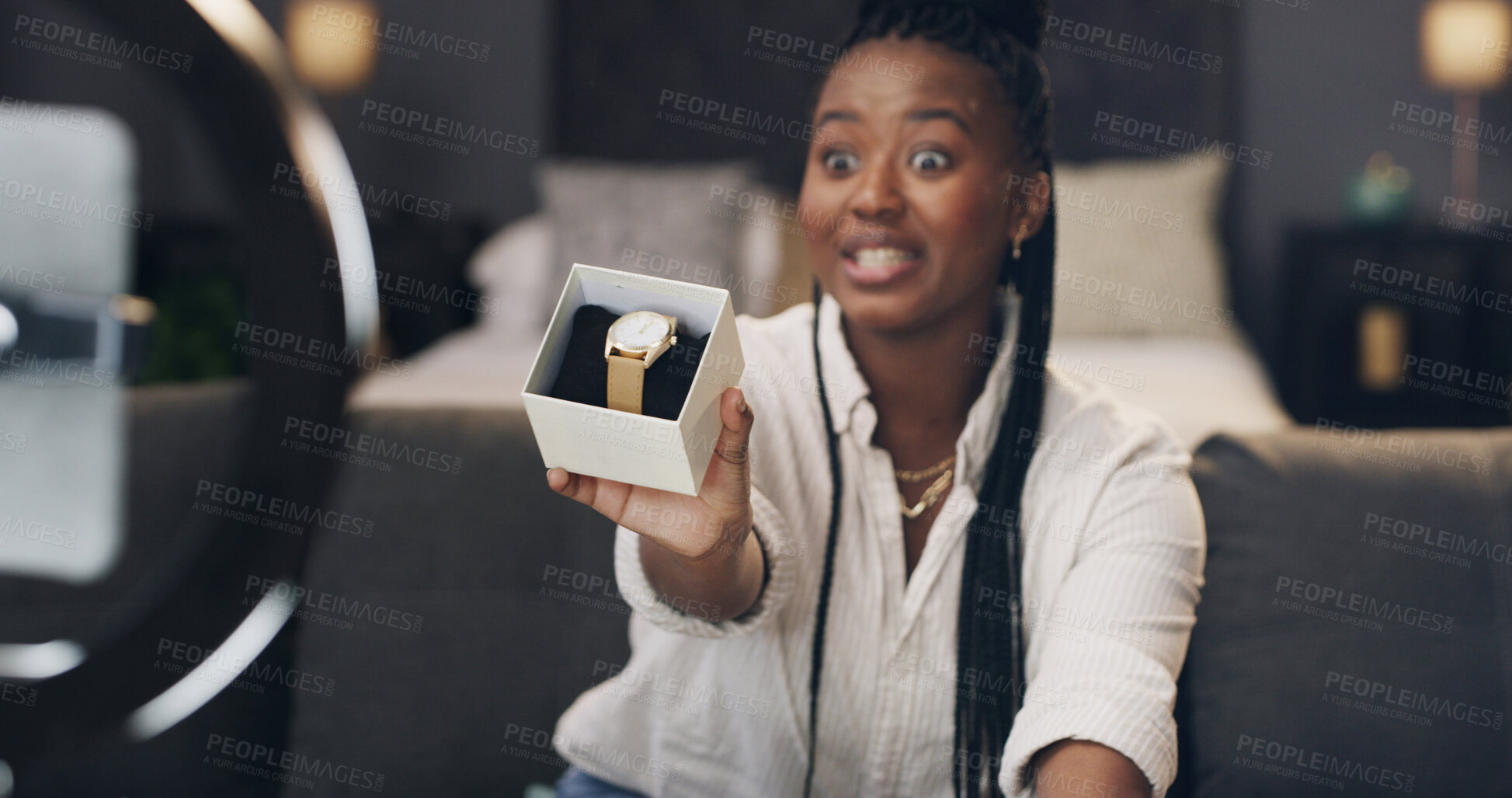 Buy stock photo Influencer, ring light and black woman with watch in home for live stream, product review and unboxing. Content creator, social media and person with fashion opinion, feedback and luxury accessory