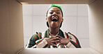 Excited, open and pov of black woman with box for present, gift and package for online shopping. Happy, below and portrait of person with parcel for shock, wow and surprise for ecommerce delivery