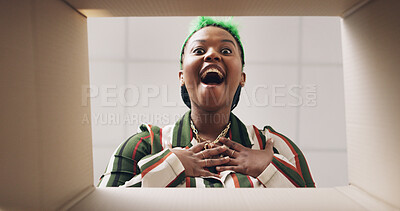 Buy stock photo Excited, open and pov of black woman with box for present, gift and package for online shopping. Happy, below and portrait of person with parcel for shock, wow and surprise for ecommerce delivery