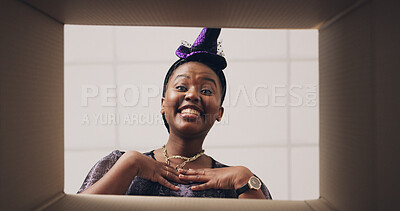 Buy stock photo Halloween, open and pov of black woman with box and omg face for present, gift or package. Happy, below and portrait of person with parcel for surprise, wow and shock for costume party or celebration