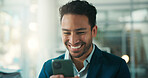 Finance, phone and smile with business man in glass office for accounting or portfolio feedback. App, text message and investment management with broker in financial workplace for positive review