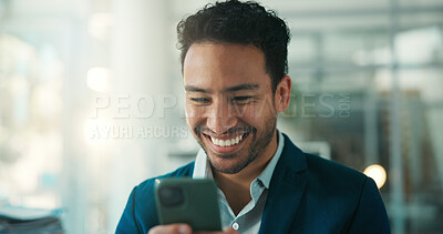 Buy stock photo Finance, phone and smile with business man in glass office for accounting or portfolio feedback. App, text message and investment management with broker in financial workplace for positive review