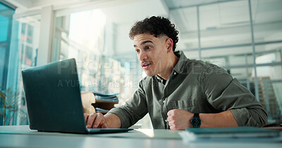 Buy stock photo Surprise, man and reading with laptop in office for good news, announcement and article nomination. Shock, male journalist and pc for unexpected recognition, winning best feature and story award