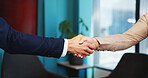 Business people, support and shaking hands for agreement, deal or financial partnership with merger. Company acquisition, handshake and collaboration for investment with trust, b2b and thank you
