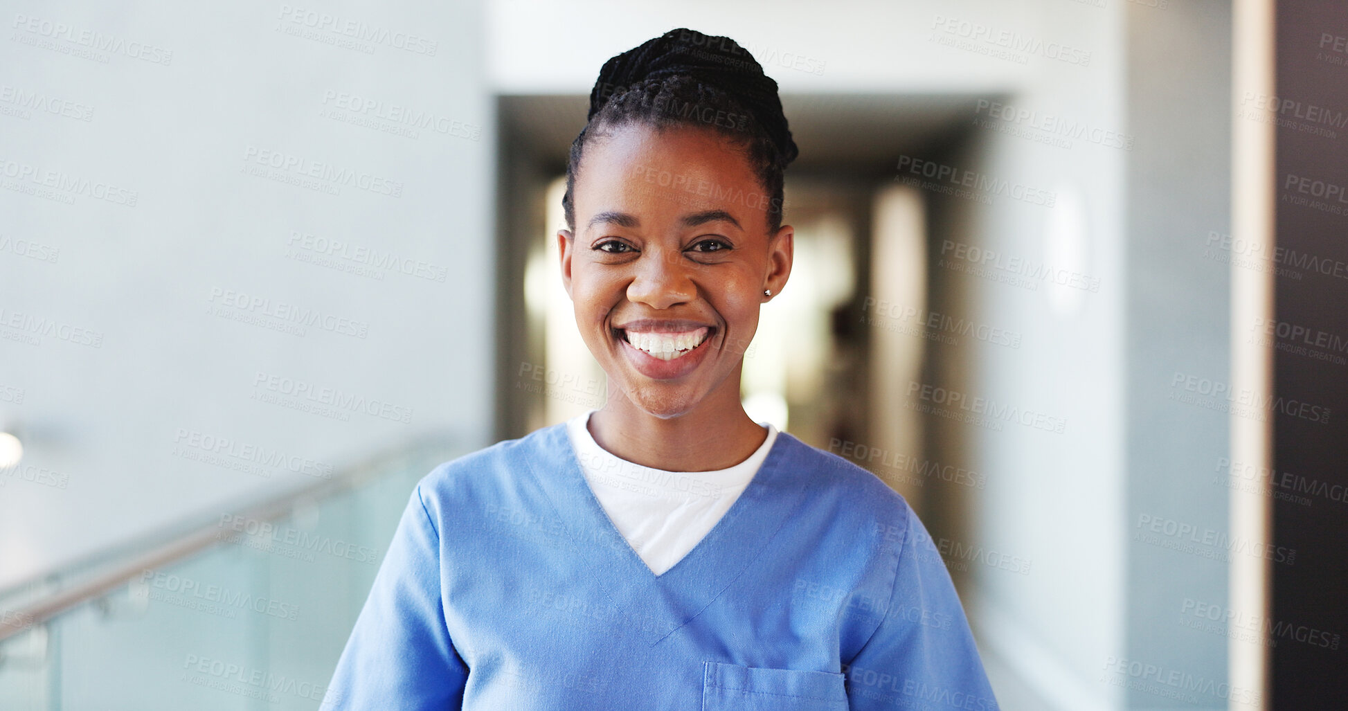 Buy stock photo Happy, black woman and portrait of nurse in hospital for support, medical service or about us. Smile, professional and African female healthcare worker with confidence for nursing career in clinic.