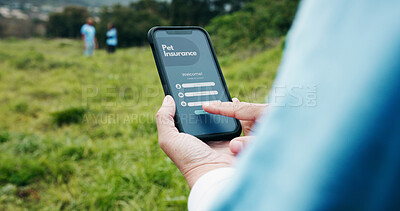 Buy stock photo Hands, phone screen and person with pet insurance app, account creation or login for registration. Mobile, display and  sign up for service outdoor, health policy or veterinary coverage in nature