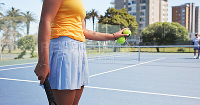 Buy stock photo Padel, balls and woman hands with fitness, serve and sports game with competition. Closeup, tennis player and person with training, contest and practice with tournament, skills and wellness on court