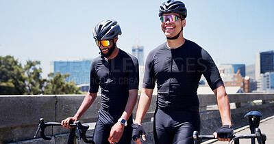 Buy stock photo Friends, sports and men with bicycle in city for exercise, training and fitness together outdoor. Happy, town and people laugh for conversation on break walking with bike for cycling, ride or health