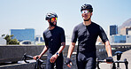 Fitness, men and walking with bike for cycling break, triathlon challenge and cardio workout. Wellness, happy cyclists and bicycle in city for exercise rest, sport endurance or pace training for race