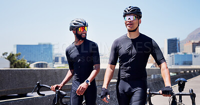 Buy stock photo Fitness, men and walking with bike for cycling break, triathlon challenge and cardio workout. Wellness, happy cyclists and bicycle in city for exercise rest, sport endurance or pace training for race