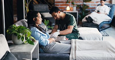 Buy stock photo Woman, nurse or IV therapy in lounge with drip preparation, mineral infusion or immune health. People, healthcare professional or patient with intravenous fluid for detox procedure at wellness center