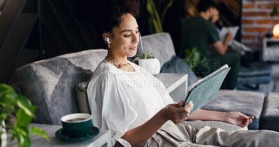 Buy stock photo Woman, tablet and earphones with IV drip for healthcare, infusion treatment and streaming video. Patient, tech and relax in medical lounge for immune booster, hydration therapy and social media