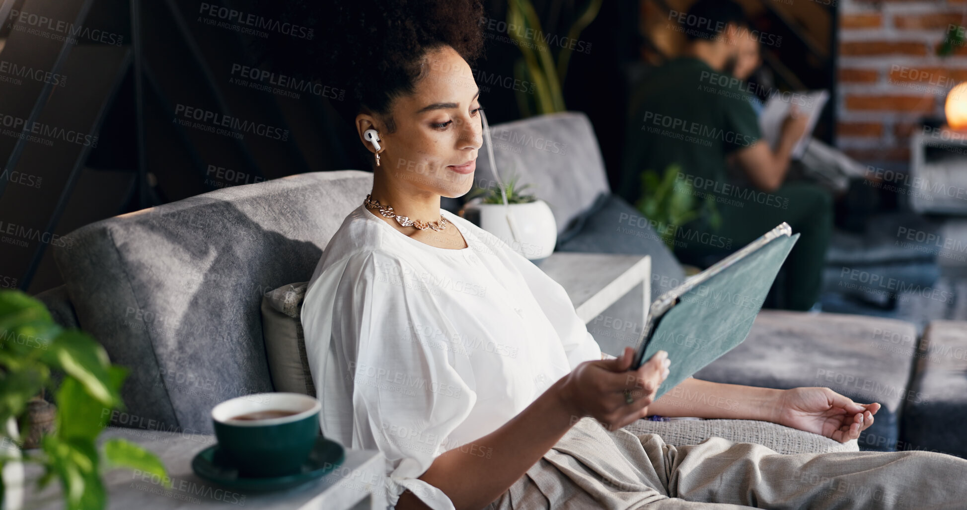 Buy stock photo Woman, tablet and earphones with IV drip for healthcare, infusion treatment and streaming video. Patient, tech and relax in medical lounge for immune booster, hydration therapy and social media