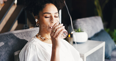 Buy stock photo Drinking water, drip lounge and woman with healthcare, wellness and supplements for minerals. Person, liquid and client in clinic, hydration and vitamin b for energy, thirsty and h2o for recovery