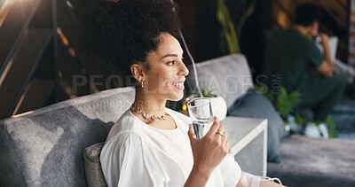 Buy stock photo Happy woman, water and wellness in clinic with iv drip, detox and antioxidants for hydration benefits. Person, smile and liquid in medical spa with intravenous fluid, vitamins or minerals for health.