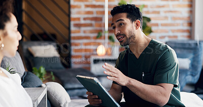 Buy stock photo Tablet, client and nurse with man in iv bar for glutathione, vitamin checklist and treatment plan. Patient advice, drip formulation and health with people and tech in spa for consulting and medical