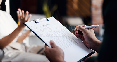 Buy stock photo Doctor, hands or writing with clipboard for medical assessment, health results or checkup policy. Closeup, nurse or application form with patient for nutrition, vitamins or immunity booster in clinic