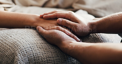 Buy stock photo Counselor, patient and holding hands in therapy with comfort, understanding and compassion for recovery. Psychologist, people and kindness in counseling with empathy, trust and support for healing.
