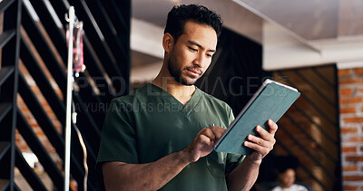 Buy stock photo Tablet, reading nurse with man in iv bar for glutathione, vitamin checklist and planning. Patient dosage, drip formulation and healthcare with person and tech in spa for treatment and medical report