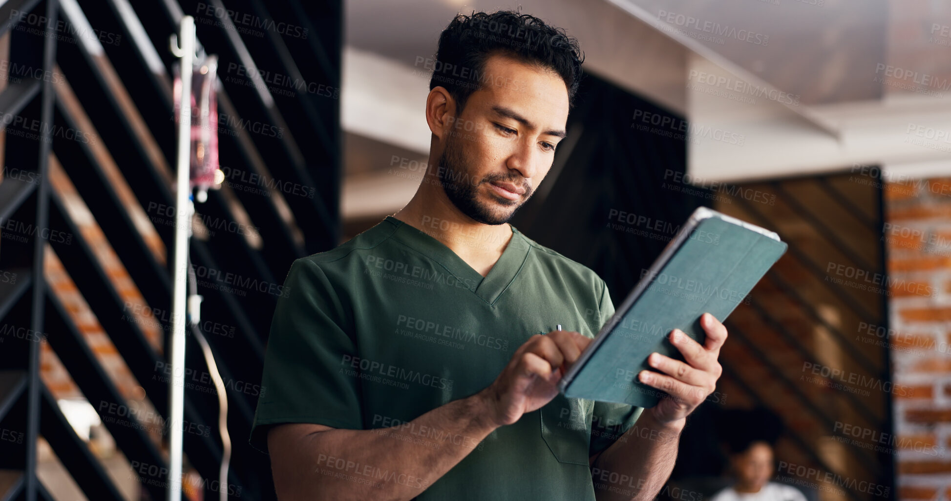 Buy stock photo Tablet, reading nurse with man in iv bar for glutathione, vitamin checklist and planning. Patient dosage, drip formulation and healthcare with person and tech in spa for treatment and medical report