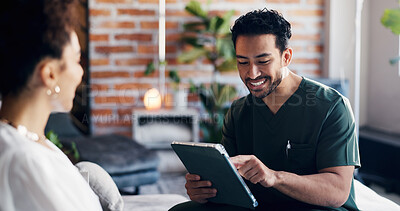 Buy stock photo Tablet, consulting and nurse with client in iv bar for glutathione, vitamin checklist and treatment plan. Patient advice, drip formulation and health with people and tech in spa for help and medical