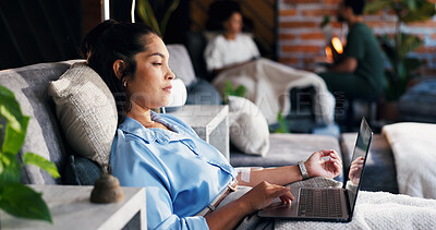 Buy stock photo Drip therapy, woman and laptop in lounge for immune health, online search and wellness benefits. People, patient and tech with IV fluid for mineral infusion, browsing website and hormonal imbalance