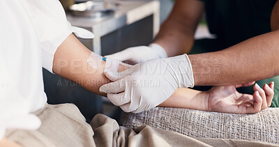 Buy stock photo Hands, nurse and IV therapy in lounge with drip preparation, mineral infusion or immune health. People, healthcare worker and patient with intravenous injection for detox procedure at wellness center