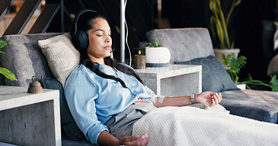 Buy stock photo Relax, woman and drip therapy with headphones in lounge for immune health, music or saline solution. Calm, patient and sleeping with IV infusion for hydration, hormonal imbalance and audio playlist